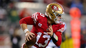 Dec 30, 2024; Santa Clara, California, USA; San Francisco 49ers quarterback Brock Purdy (13) during the game against the Detroit Lions at Levi's Stadium. Mandatory Credit: Sergio Estrada-Imagn Images