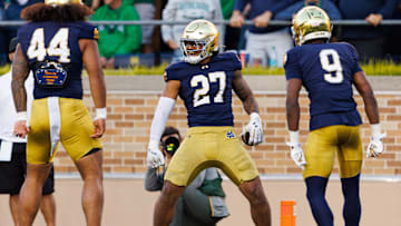 Notre Dame linebacker Kyngstonn Viliamu-Asa (27) celebrates after intercepting a pass in the second half of a NCAA football game against NC State at Notre Dame Stadium on Saturday, Oct. 11, 2025, in South Bend.
