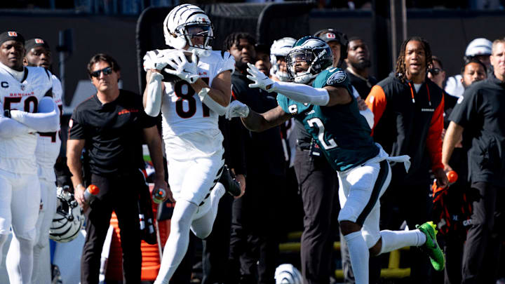 Jermaine Burton making his second catch of the season against the Philadelphia Eagles. 