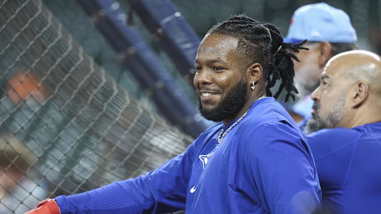 Apr 1, 2024; Houston, Texas, USA; Toronto Blue Jays first baseman Vladimir Guerrero Jr. (27) smiles