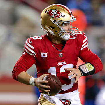 Dec 30, 2024; Santa Clara, California, USA; San Francisco 49ers quarterback Brock Purdy (13) during the game against the Detroit Lions at Levi's Stadium. Mandatory Credit: Sergio Estrada-Imagn Images