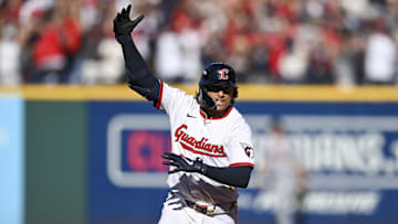 Oct 1, 2025; Cleveland, Ohio, USA; Cleveland Guardians catcher Bo Naylor (23) celebrates scoring a homerun in the eighth inning against the Detroit Tigers during game two of the Wildcard round for the 2025 MLB playoffs at Progressive Field. Mandatory Credit: Ken Blaze-Imagn Images