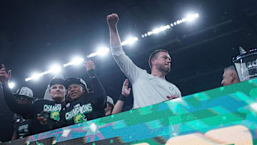 Dec 7, 2024; Indianapolis, IN, USA; Oregon Ducks head coach Dan Lanning celebrates defeating the Penn State Nittany Lions to win the Big Ten Championship in the 2024 Big Ten Championship game at Lucas Oil Stadium.