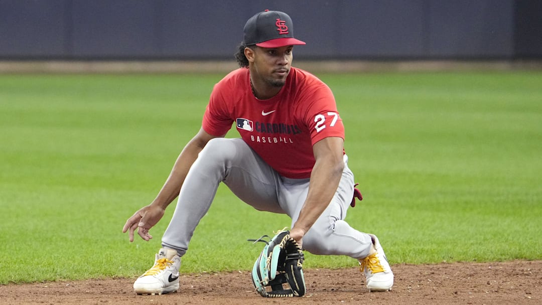 Jun 13, 2025; Milwaukee, Wisconsin, USA; St. Louis Cardinals shortstop Jose Barrero (27) warms up before there game against the Milwaukee Brewers at American Family Field. Mandatory Credit: Michael McLoone-Imagn Images