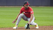 Jun 13, 2025; Milwaukee, Wisconsin, USA; St. Louis Cardinals shortstop Jose Barrero (27) warms up before there game against the Milwaukee Brewers at American Family Field. Mandatory Credit: Michael McLoone-Imagn Images