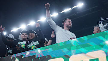 Dec 7, 2024; Indianapolis, IN, USA; Oregon Ducks head coach Dan Lanning celebrates defeating the Penn State Nittany Lions to win the Big Ten Championship in the 2024 Big Ten Championship game at Lucas Oil Stadium