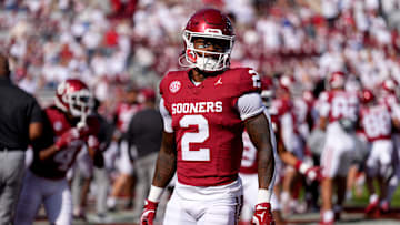 Oklahoma Sooners running back Jovantae Barnes (2) warms up before a college football game between the University of Oklahoma Sooners (OU) and the South Carolina Gamecocks at Gaylord Family - Oklahoma Memorial Stadium in Norman, Okla., Saturday, Oct. 19, 2024.