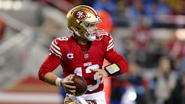 Dec 30, 2024; Santa Clara, California, USA; San Francisco 49ers quarterback Brock Purdy (13) during the game against the Detroit Lions at Levi's Stadium. Mandatory Credit: Sergio Estrada-Imagn Images