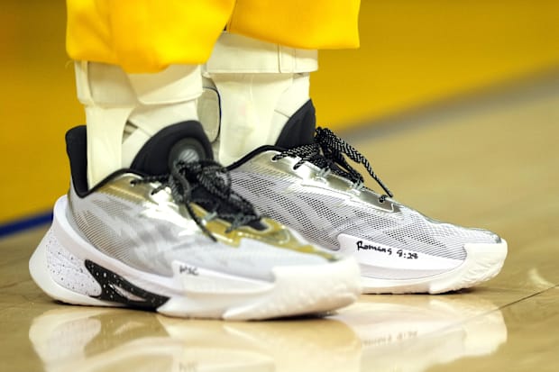 Stephen Curry's white and black Curry Brand shoes.