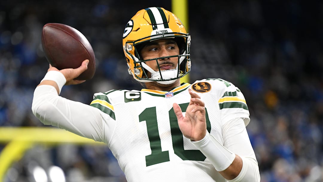 Nov 27, 2025; Detroit, Michigan, USA; Green Bay Packers quarterback Jordan Love (10) throws a pass during warmups prior to the game against the Detroit Lions at Ford Field. Mandatory Credit: Lon Horwedel-Imagn Images
