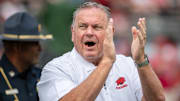 Arkansas Razorbacks coach Sam Pittman during warmups before game with the Arkansas State Red Wolves at War Memorial Stadium in Little Rock, Ark.