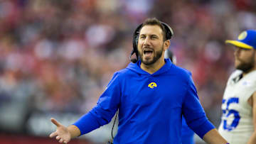 Nov 26, 2023; Glendale, Arizona, USA; Los Angeles Rams tight ends coach Nick Caley against the Arizona Cardinals at State Farm Stadium. Mandatory Credit: Mark J. Rebilas-USA TODAY Sports