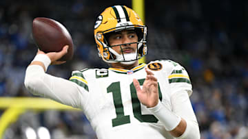 Nov 27, 2025; Detroit, Michigan, USA; Green Bay Packers quarterback Jordan Love (10) throws a pass during warmups prior to the game against the Detroit Lions at Ford Field. Mandatory Credit: Lon Horwedel-Imagn Images