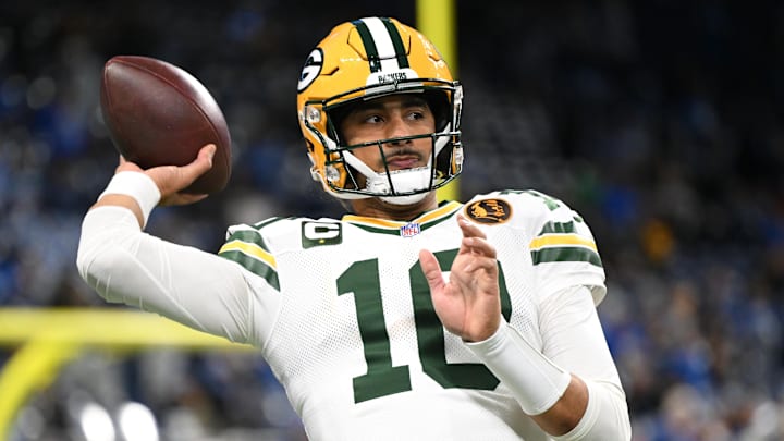 Nov 27, 2025; Detroit, Michigan, USA; Green Bay Packers quarterback Jordan Love (10) throws a pass during warmups prior to the game against the Detroit Lions at Ford Field. Mandatory Credit: Lon Horwedel-Imagn Images
