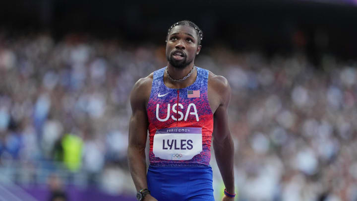 Aug 8, 2024; Saint-Denis, FRANCE; Noah Lyles (USA) reacts after the men's 200m final during the Paris 2024 Olympic Summer Games at Stade de France. Mandatory Credit: James Lang-USA TODAY Sports