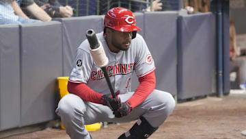 Apr 3, 2025; Milwaukee, Wisconsin, USA; Cincinnati Reds third base Jeimer Candelario (3) gathers his thoughts before his first at bat against the Milwaukee Brewers in the first inning at American Family Field. Mandatory Credit: Michael McLoone-Imagn Images