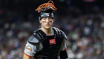 Sep 16, 2025; Phoenix, Arizona, USA; San Francisco Giants catcher Andrew Knizner against the Arizona Diamondbacks at Chase Field. Mandatory Credit: Mark J. Rebilas-Imagn Images