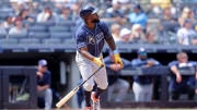 Tampa Bay Rays left fielder Randy Arozarena (56) watches his two run home run against the New York Yankees.
