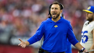 Nov 26, 2023; Glendale, Arizona, USA; Los Angeles Rams tight ends coach Nick Caley against the Arizona Cardinals at State Farm Stadium. Mandatory Credit: Mark J. Rebilas-USA TODAY Sports