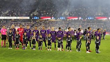 Nov 30, 2024; Orlando, Florida, USA; The starting eleven of Orlando City during the national anthem before the 2024 MLS Cup Eastern Conference Final match at Inter&Co Stadium. Mandatory Credit: Mike Watters-Imagn Images