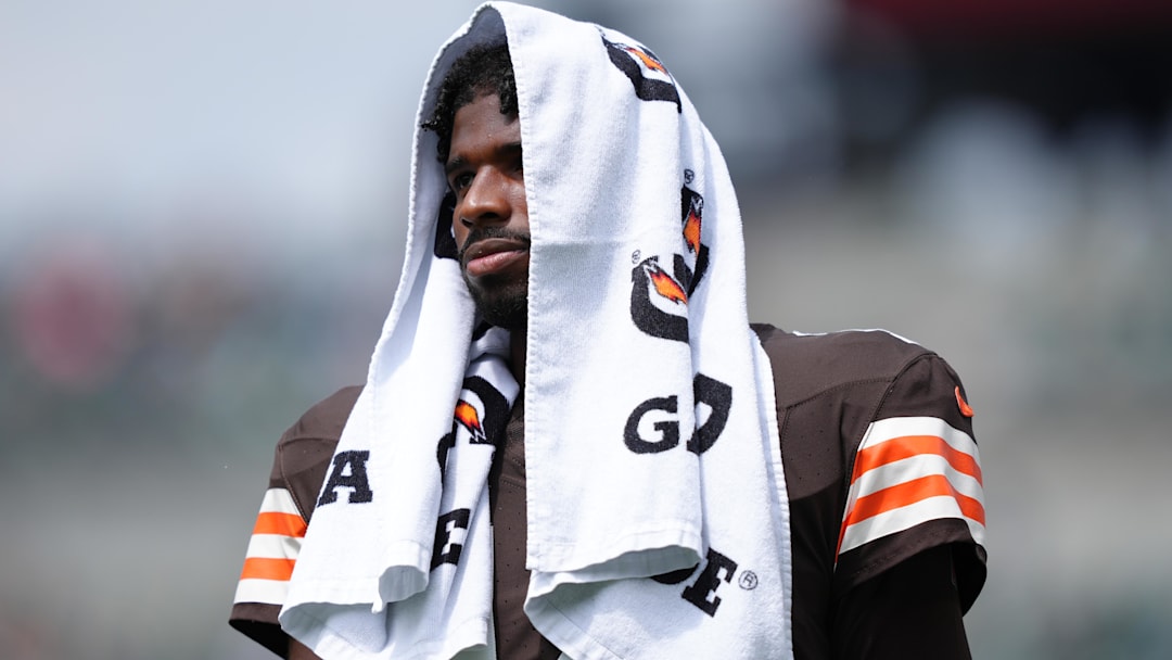 Aug 16, 2025; Philadelphia, Pennsylvania, USA; Cleveland Browns quarterback Shedeur Sanders (12) looks on before the game against the Philadelphia Eagles at Lincoln Financial Field. Mandatory Credit: Kyle Ross-Imagn Images