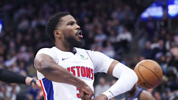 Mar 3, 2025; Salt Lake City, Utah, USA; Detroit Pistons guard Malik Beasley reacts to a play against the Utah Jazz during the first half at Delta Center. Mandatory Credit: Rob Gray-Imagn Images