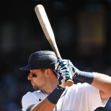 Seattle Mariners designated hitter Cal Raleigh (29) waits for a pitch against the Tampa Bay Rays during the first inning at T-Mobile Park on Aug 28.