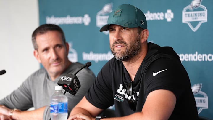 Jul 23, 2025; Philadelphia, PA, USA; Philadelphia Eagles head coach Nick Sirianni addresses media during training camp at NovaCare Complex. Mandatory Credit: Kyle Ross-Imagn Images