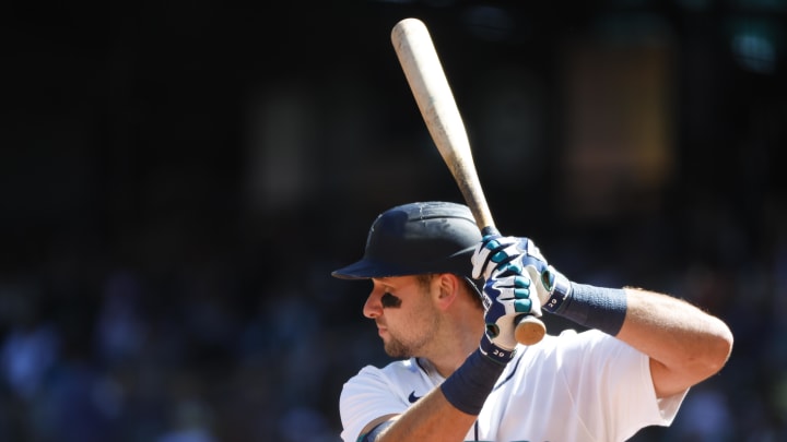 Seattle Mariners designated hitter Cal Raleigh (29) waits for a pitch against the Tampa Bay Rays during the first inning at T-Mobile Park on Aug 28.