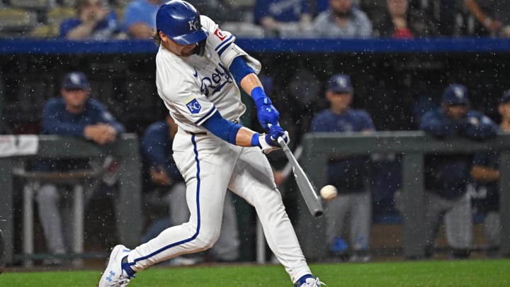 Jul 2, 2024; Kansas City, Missouri, USA; Kansas City Royals shortstop Bobby Witt Jr. (7) hits a solo home run in the sixth inning against the Tampa Bay Rays at Kauffman Stadium. Mandatory Credit: Peter Aiken-USA TODAY Sports