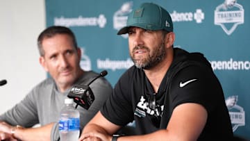 Jul 23, 2025; Philadelphia, PA, USA; Philadelphia Eagles head coach Nick Sirianni addresses media during training camp at NovaCare Complex. Mandatory Credit: Kyle Ross-Imagn Images