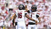 Oct 19, 2024; Norman, Oklahoma, USA;  South Carolina Gamecocks quarterback LaNorris Sellers (16) celebrates with South Carolina Gamecocks quarterback Robby Ashford (1) after a touchdown against the Oklahoma Sooners during the first half at Gaylord Family-Oklahoma Memorial Stadium. Mandatory Credit: Kevin Jairaj-Imagn Images