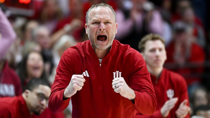 Feb 7, 2026; Bloomington, Indiana, USA; Indiana Hoosiers head coach Darian DeVries reacts after a play against the Wisconsin Badgers during the second half at Simon Skjodt Assembly Hall. Mandatory Credit: Robert Goddin-Imagn Images