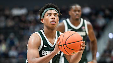 Oct 28, 2025; Hartford, CT, USA; Michigan State Spartans guard Jeremy Fears Jr. (1) shoots a free throw during the second half against the Connecticut Huskies at PeoplesBank Arena. Mandatory Credit: Mark Smith-Imagn Images