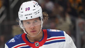 Oct 11, 2025; Pittsburgh, Pennsylvania, USA;  New York Rangers left wing Artemi Panarin (10) looks on against the Pittsburgh Penguins during the third period at PPG Paints Arena. Mandatory Credit: Charles LeClaire-Imagn Images