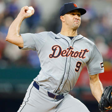 Jun 4, 2024; Arlington, Texas, USA; Detroit Tigers pitcher Jack Flaherty (9) throws during the fourth inning against the Texas Rangers at Globe Life Field.