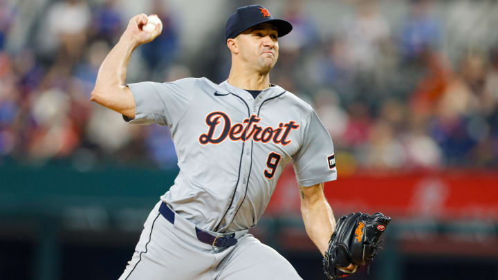 Jun 4, 2024; Arlington, Texas, USA; Detroit Tigers pitcher Jack Flaherty (9) throws during the fourth inning against the Texas Rangers at Globe Life Field.