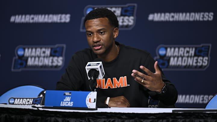 Mar 19, 2026; St. Louis, MO, USA; Miami (FL) Hurricanes head coach Jai Lucas talks to the media during a practice session ahead of the first round of the men's 2026 NCAA Tournament at Enterprise Center. Mandatory Credit: Jeff Le-Imagn Images