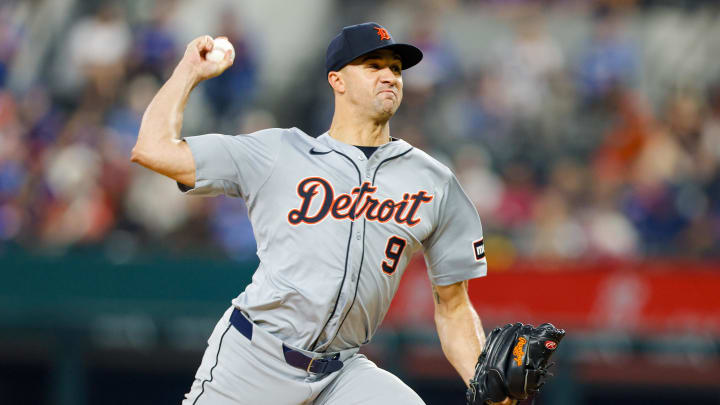 Jun 4, 2024; Arlington, Texas, USA; Detroit Tigers pitcher Jack Flaherty (9) throws during the fourth inning against the Texas Rangers at Globe Life Field. Mandatory Credit: Andrew Dieb-USA TODAY Sports