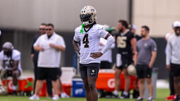 Jun 10, 2025; New Orleans, LA, USA;  New Orleans Saints cornerback Kool-Aid McKinstry (4) looks on during minicamp at Ochsner Sports Performance Center. Mandatory Credit: Stephen Lew-Imagn Images