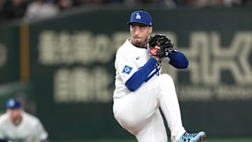 Los Angeles Dodgers starting pitcher Blake Snell (7) throws a pitch against the Hanshin Tigers during the first inning at Tokyo Dome. 