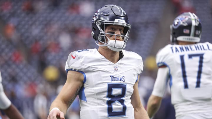 Dec 31, 2023; Houston, Texas, USA; Tennessee Titans quarterback Will Levis (8) before the game against the Houston Texans at NRG Stadium. Mandatory Credit: Troy Taormina-USA TODAY Sports