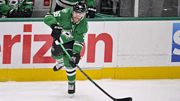 May 29, 2025; Dallas, Texas, USA; Dallas Stars right wing Mikko Rantanen (96) in action during the game between the Dallas Stars and the Edmonton Oilers in game five of the Western Conference Final of the 2025 Stanley Cup Playoffs at American Airlines Center. Mandatory Credit: Jerome Miron-Imagn Images