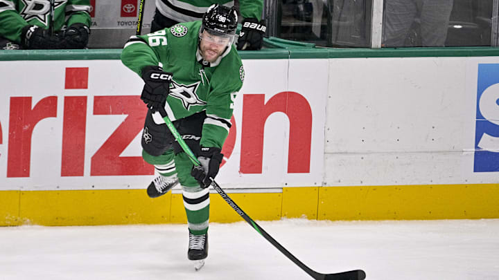 May 29, 2025; Dallas, Texas, USA; Dallas Stars right wing Mikko Rantanen (96) in action during the game between the Dallas Stars and the Edmonton Oilers in game five of the Western Conference Final of the 2025 Stanley Cup Playoffs at American Airlines Center. Mandatory Credit: Jerome Miron-Imagn Images