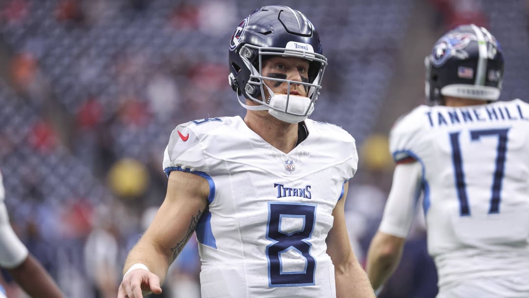 Dec 31, 2023; Houston, Texas, USA; Tennessee Titans quarterback Will Levis (8) before the game against the Houston Texans at NRG Stadium.