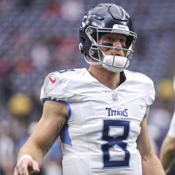 Dec 31, 2023; Houston, Texas, USA; Tennessee Titans quarterback Will Levis (8) before the game against the Houston Texans at NRG Stadium.