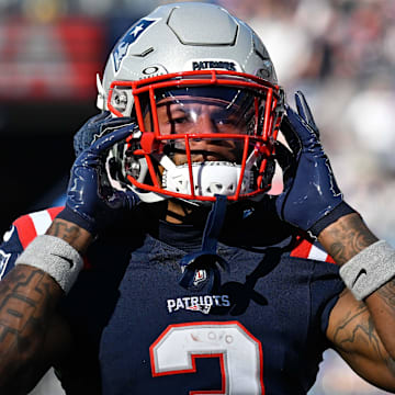 Nov 17, 2024; Foxborough, Massachusetts, USA; New England Patriots wide receiver DeMario Douglas (3) before the start of a game against the Los Angeles Rams at Gillette Stadium. Mandatory Credit: Eric Canha-Imagn Images