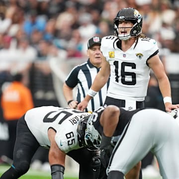 Nov 2, 2025; Paradise, Nevada, USA; Jacksonville Jaguars quarterback Trevor Lawrence (16) makes a call during the first half against the Las Vegas Raiders at Allegiant Stadium. Mandatory Credit: Kirby Lee-Imagn Images
