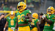 Oregon running back Jordan James carries the ball during warmups as the Oregon Ducks host the Maryland Terrapins at Autzen Stadium Saturday, Nov. 9, 2024 in Eugene, Ore.