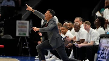 Mar 12, 2025; Charlotte, NC, USA; Georgia Tech Yellow Jackets head coach Damon Stoudamire reacts in the first half at Spectrum Center. Mandatory Credit: Bob Donnan-Imagn Images